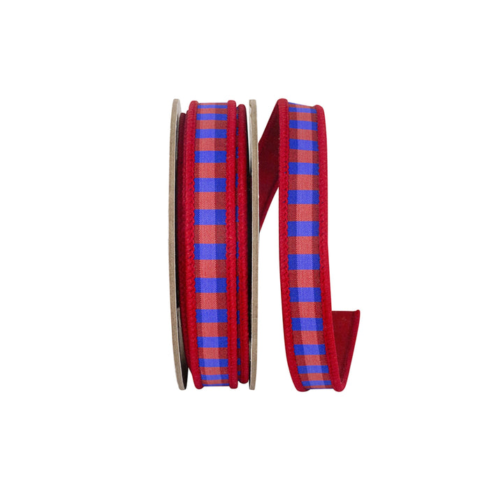 7/8" Red Blue Check Ribbon, Wired RIbbon, Patriotic Ribbon