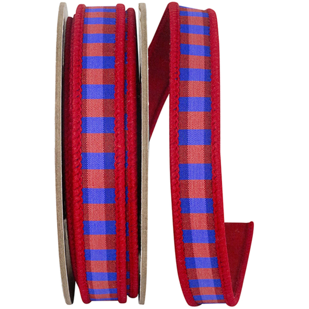 7/8" Red Blue Check Ribbon, Wired RIbbon, Patriotic Ribbon