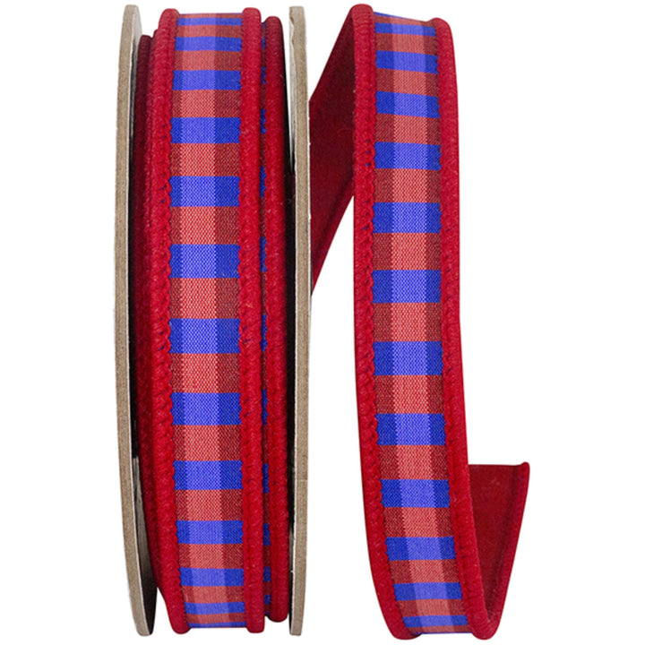 7/8" Red Blue Check Ribbon, Wired RIbbon, Patriotic Ribbon