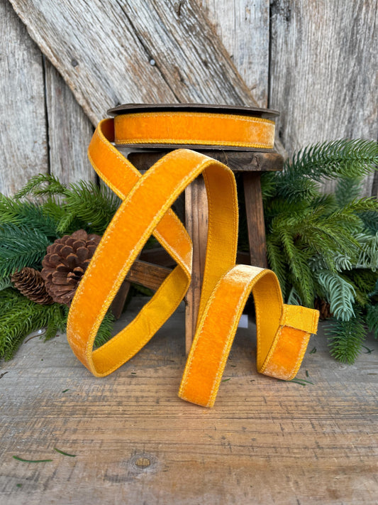1" Golden Yellow Ribbon, Wired Velvet Ribbon, Honey Golden Velvet
