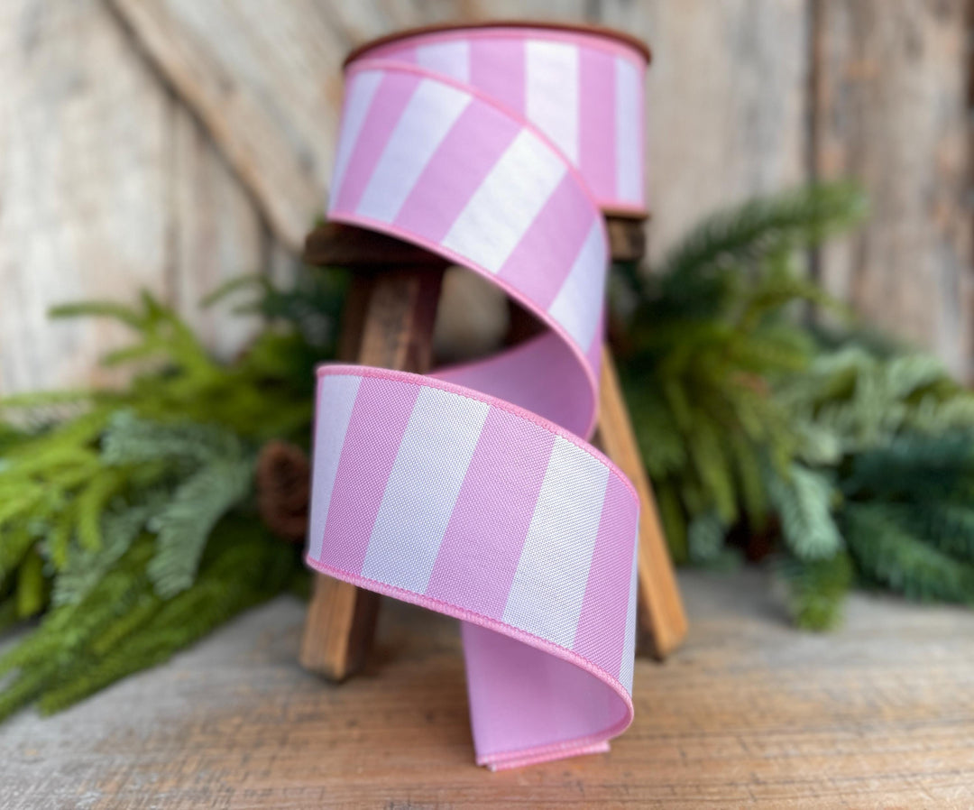 2.5” Pink Stripe Wired Ribbon – Spring Easter Ribbon, Designer Pastel Ribbon for Wreaths
