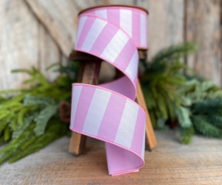 2.5” Pink Stripe Wired Ribbon – Spring Easter Ribbon, Designer Pastel Ribbon for Wreaths