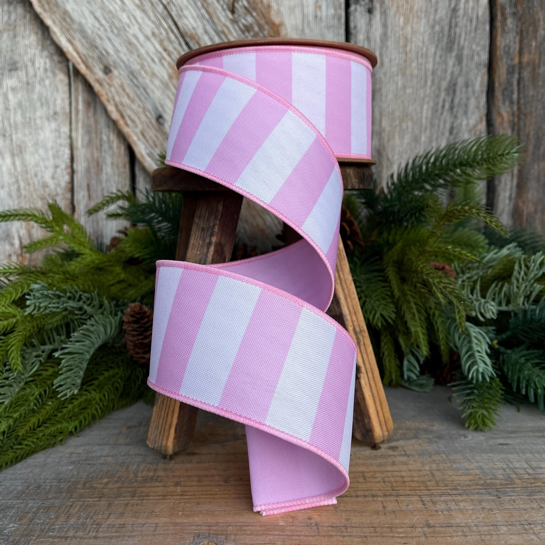 2.5” Pink Stripe Wired Ribbon – Spring Easter Ribbon, Designer Pastel Ribbon for Wreaths