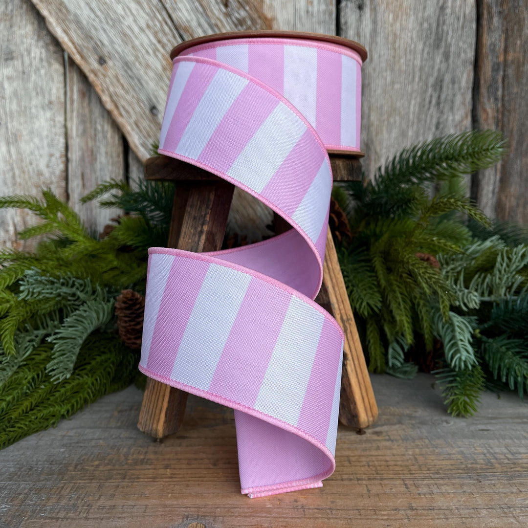 2.5” Pink Stripe Wired Ribbon – Spring Easter Ribbon, Designer Pastel Ribbon for Wreaths