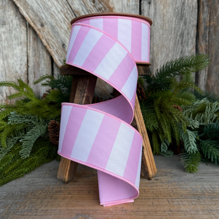 2.5” Pink Stripe Wired Ribbon – Spring Easter Ribbon, Designer Pastel Ribbon for Wreaths