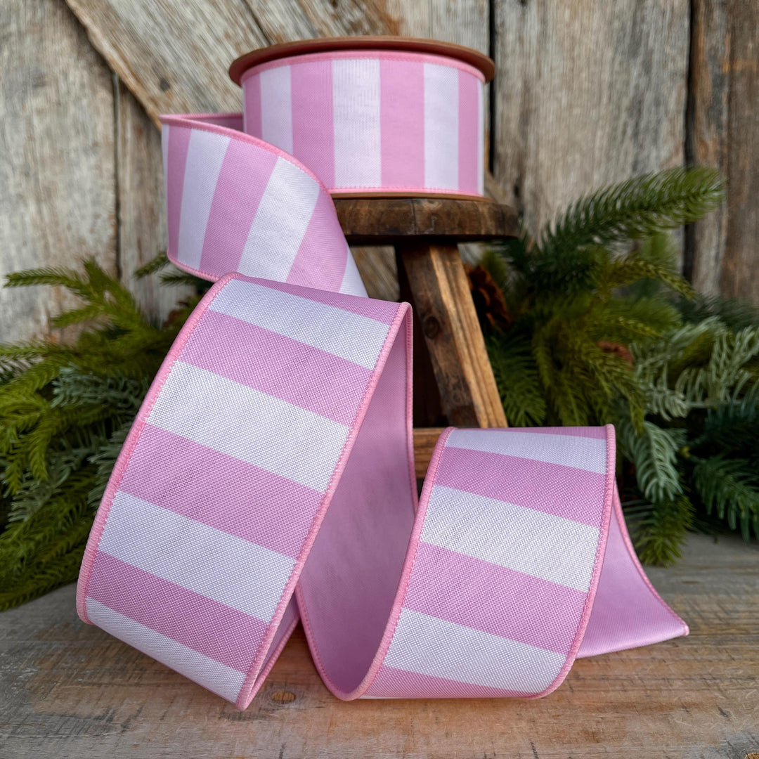 2.5” Pink Stripe Wired Ribbon – Spring Easter Ribbon, Designer Pastel Ribbon for Wreaths
