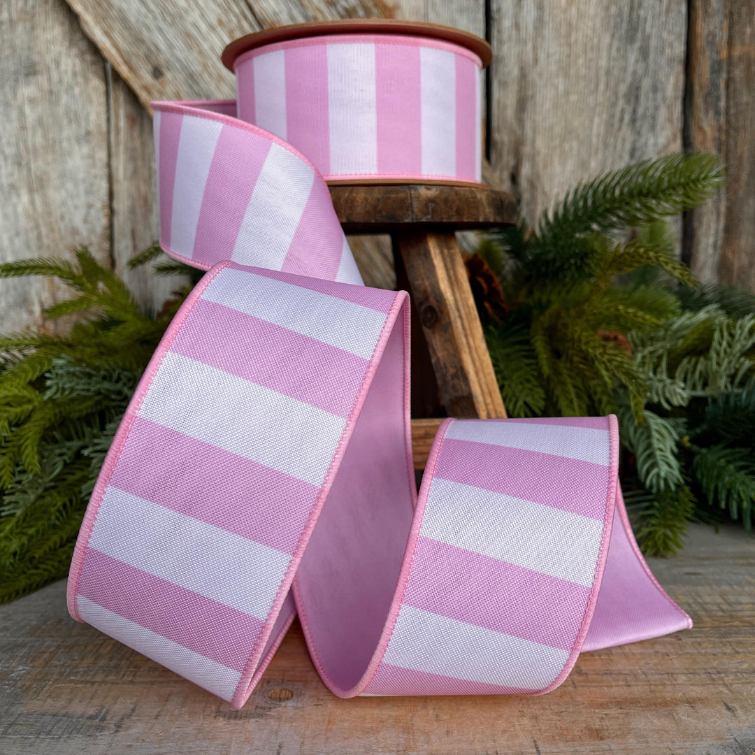 2.5” Pink Stripe Wired Ribbon – Spring Easter Ribbon, Designer Pastel Ribbon for Wreaths