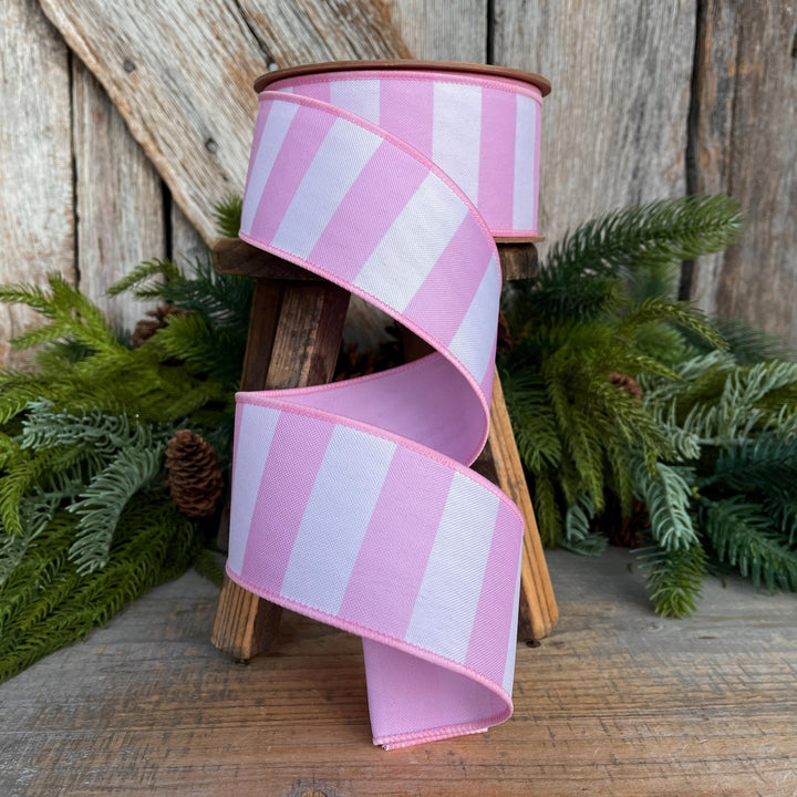 2.5” Pink Stripe Wired Ribbon – Spring Easter Ribbon, Designer Pastel Ribbon for Wreaths