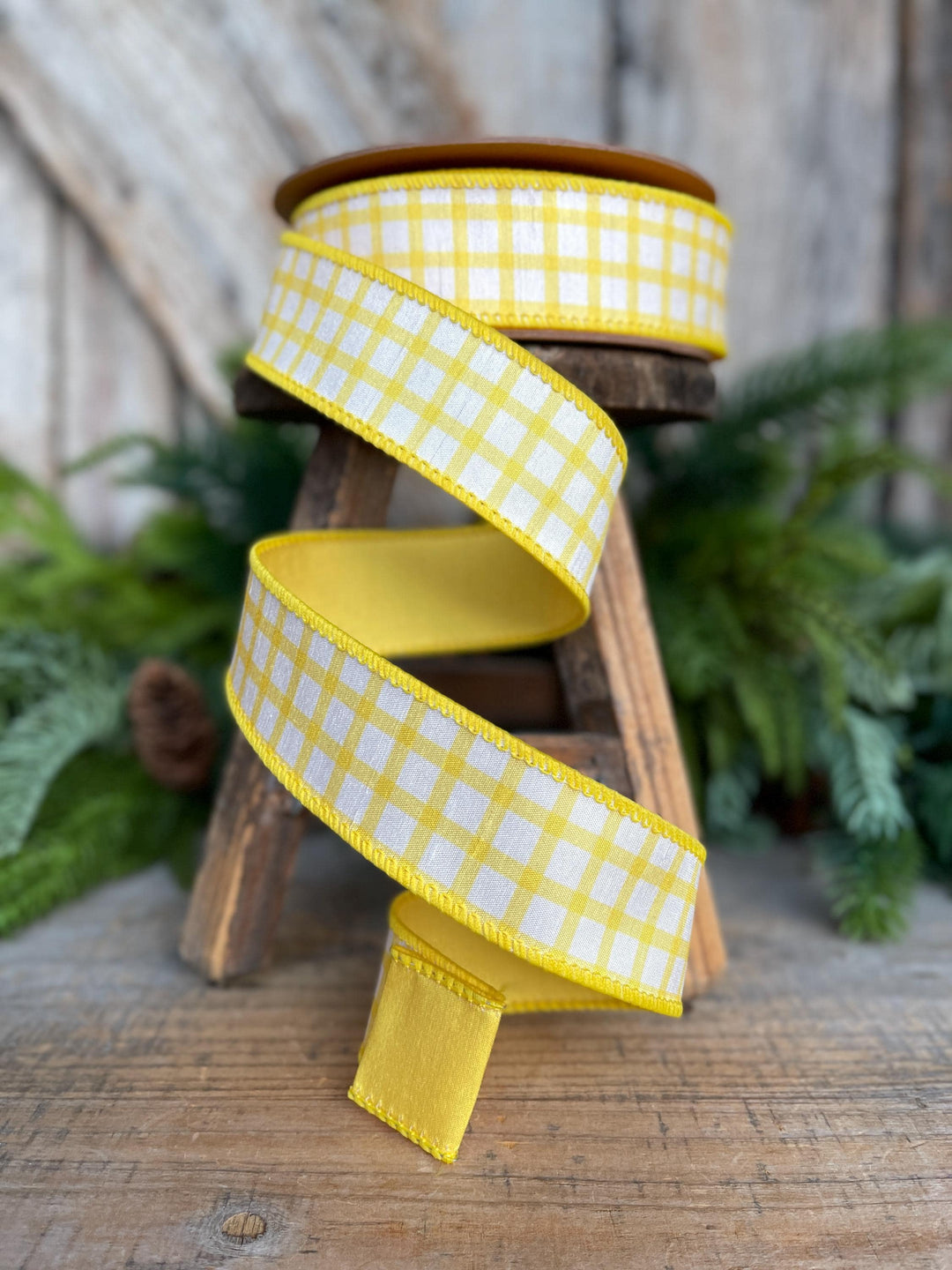 1.5” Yellow Check Wired Ribbon – Spring Easter Ribbon, Yellow &amp; White Dupioni Ribbon