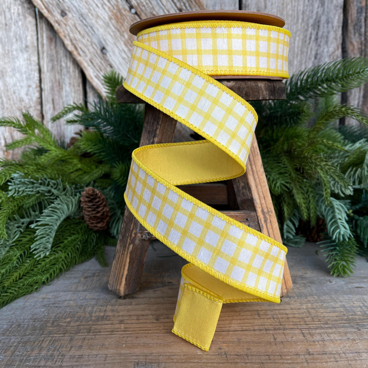 1.5” Yellow Check Wired Ribbon – Spring Easter Ribbon, Yellow &amp; White Dupioni Ribbon