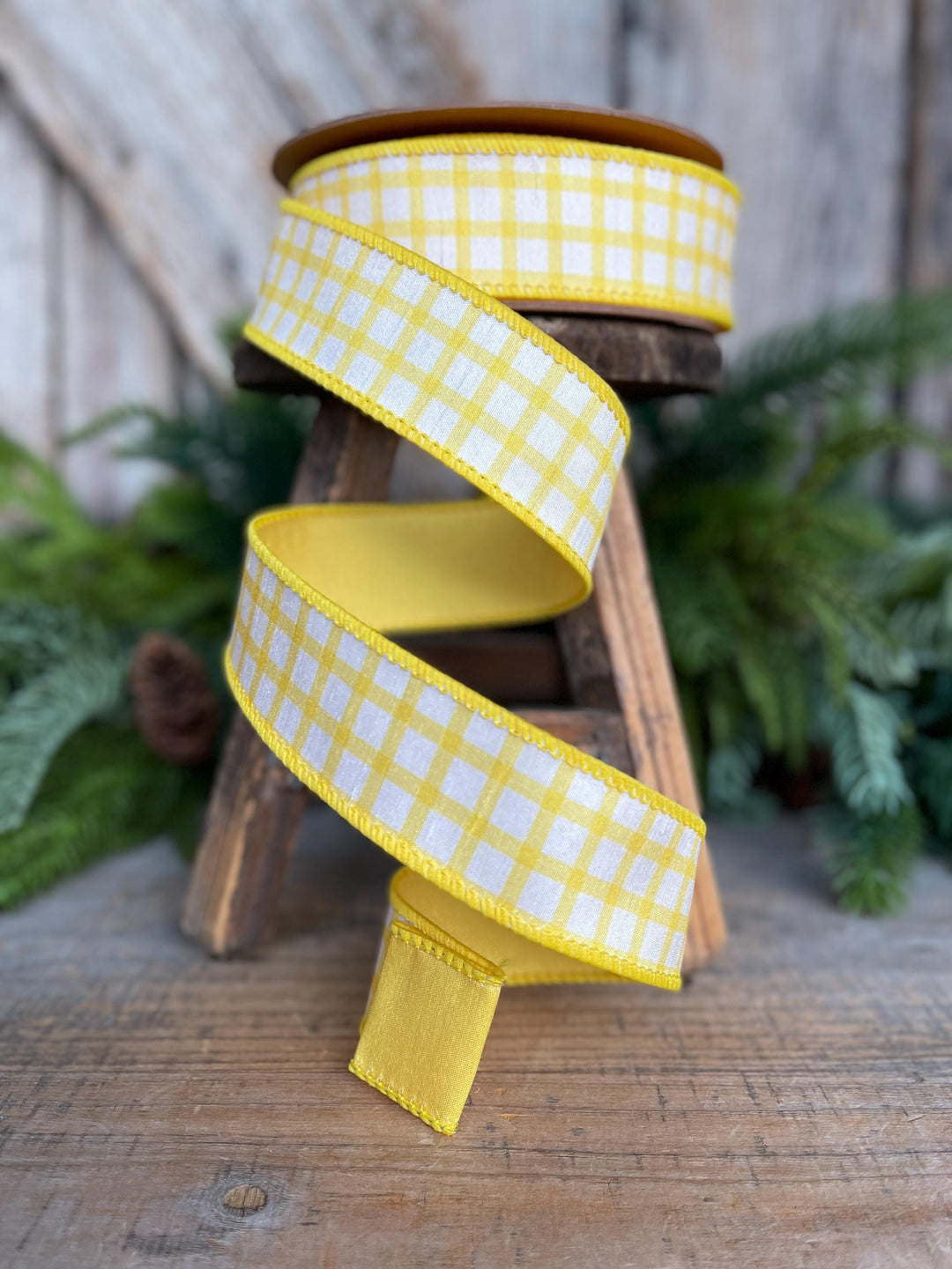 1.5” Yellow Check Wired Ribbon – Spring Easter Ribbon, Yellow &amp; White Dupioni Ribbon