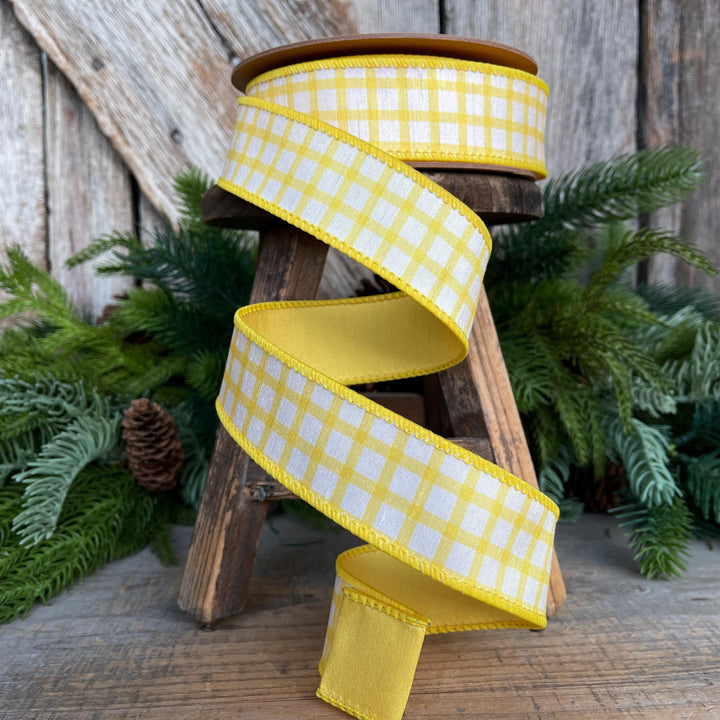 1.5” Yellow Check Wired Ribbon – Spring Easter Ribbon, Yellow &amp; White Dupioni Ribbon