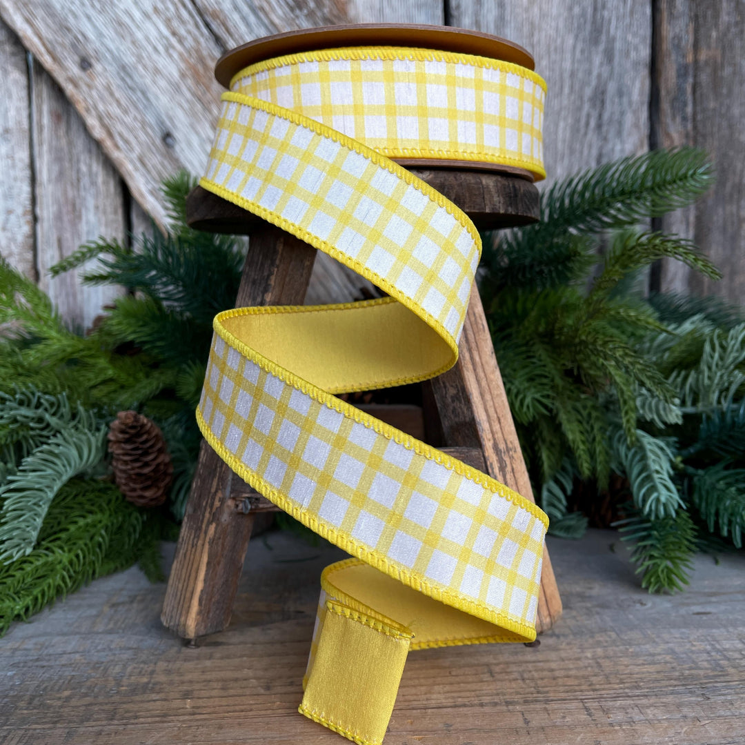 1.5” Yellow Check Wired Ribbon – Spring Easter Ribbon, Yellow &amp; White Dupioni Ribbon