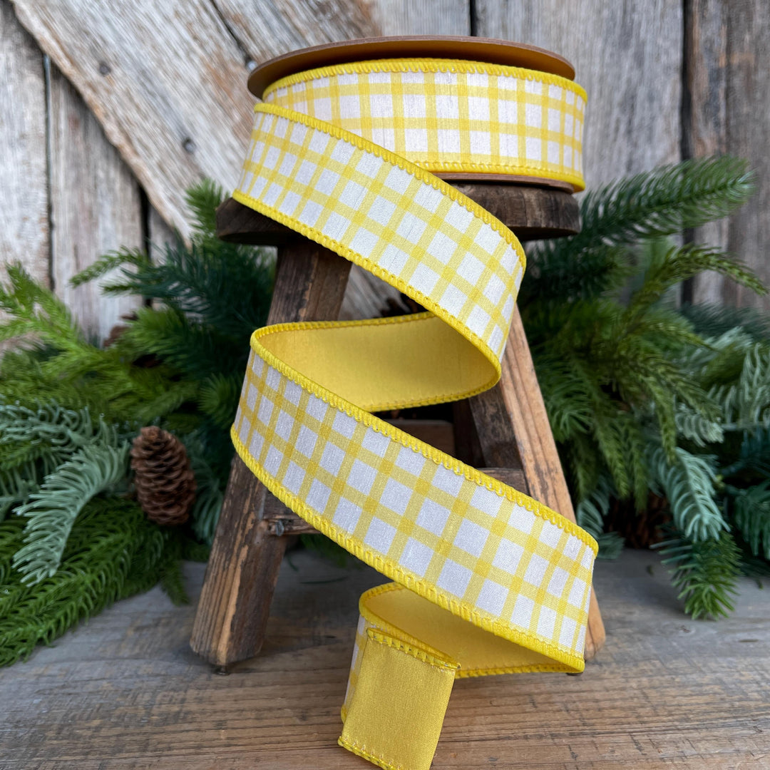 1.5” Yellow Check Wired Ribbon – Spring Easter Ribbon, Yellow &amp; White Dupioni Ribbon