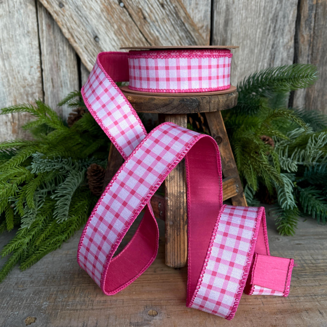 1.5” Pink Check Wired Ribbon – Spring Easter Ribbon, Pink &amp; White Dupioni Ribbon