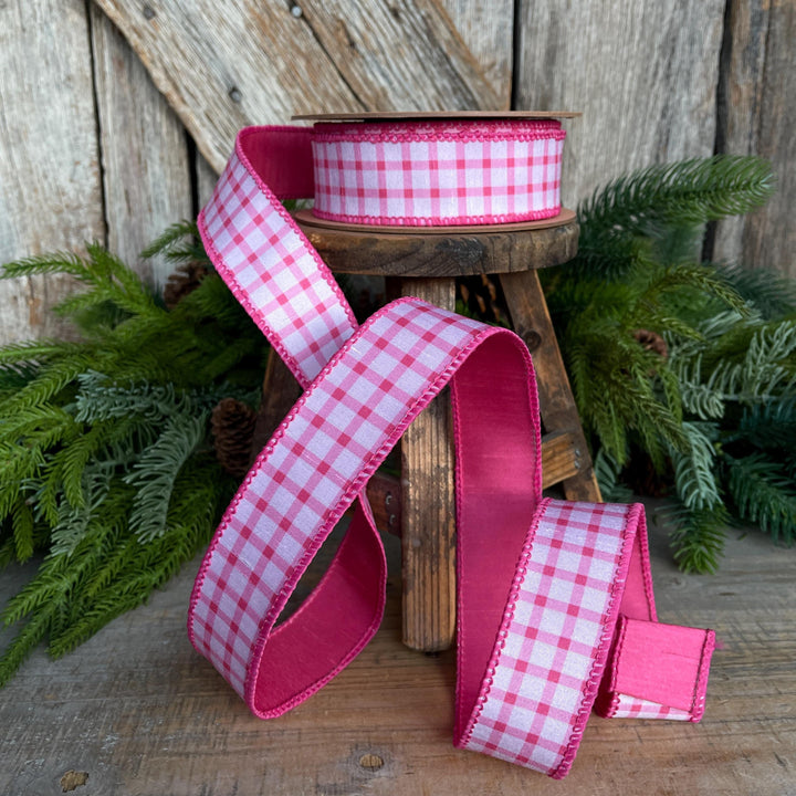 1.5” Pink Check Wired Ribbon – Spring Easter Ribbon, Pink &amp; White Dupioni Ribbon