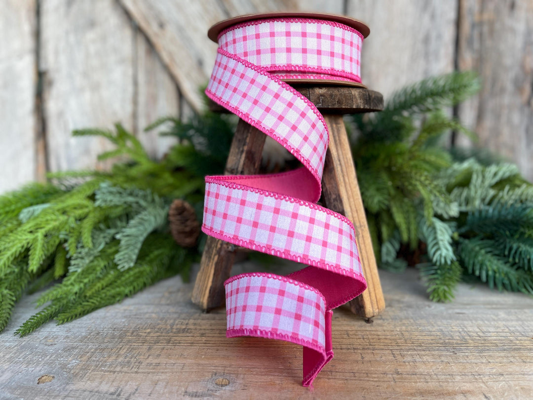 1.5” Pink Check Wired Ribbon – Spring Easter Ribbon, Pink &amp; White Dupioni Ribbon