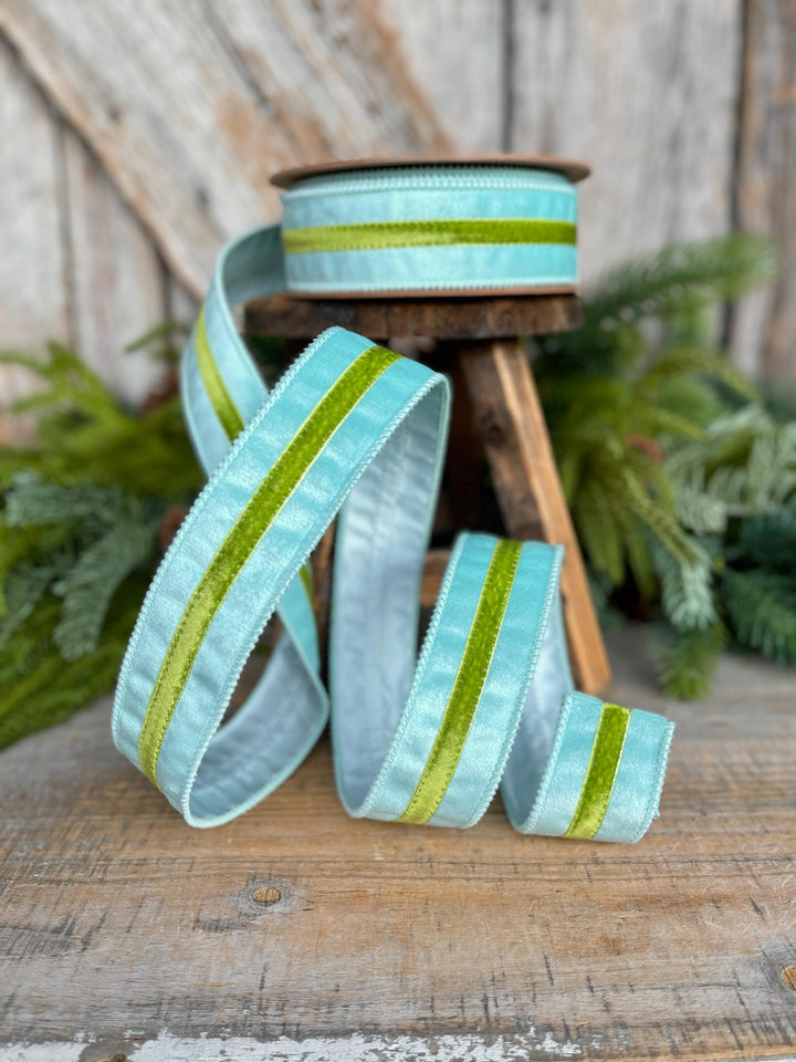 1.5” Blue Velvet Wired Ribbon with Green Trim – Designer Spring Ribbon