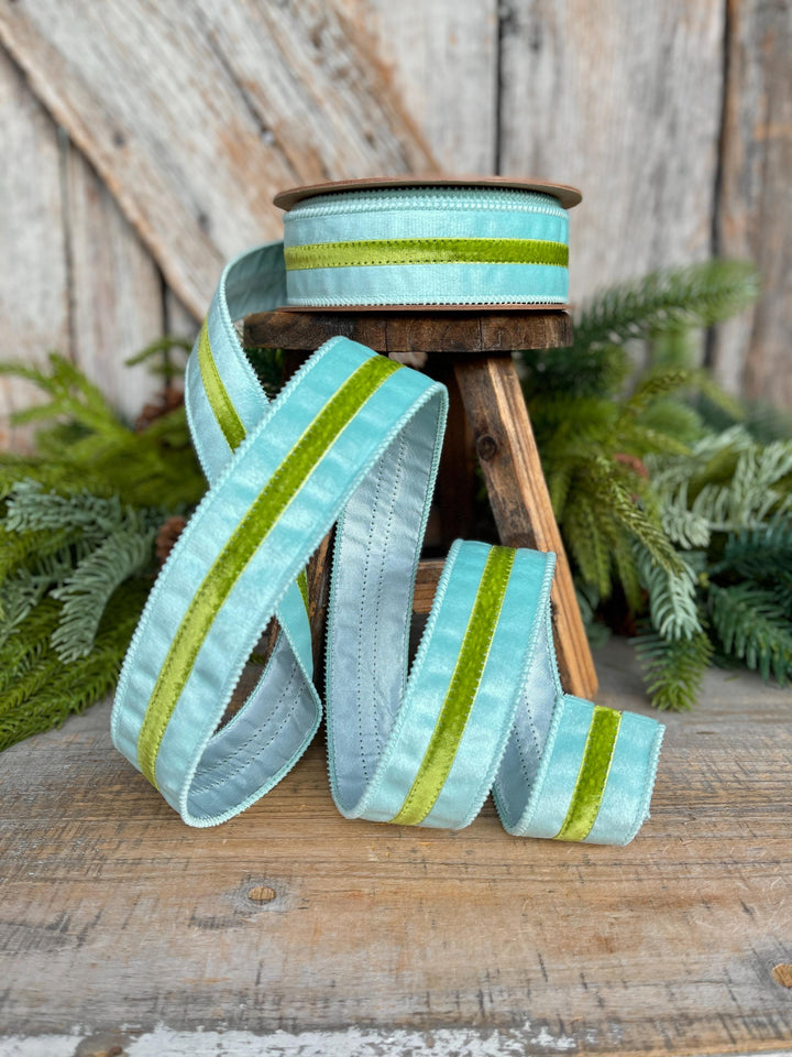 1.5” Blue Velvet Wired Ribbon with Green Trim – Designer Spring Ribbon