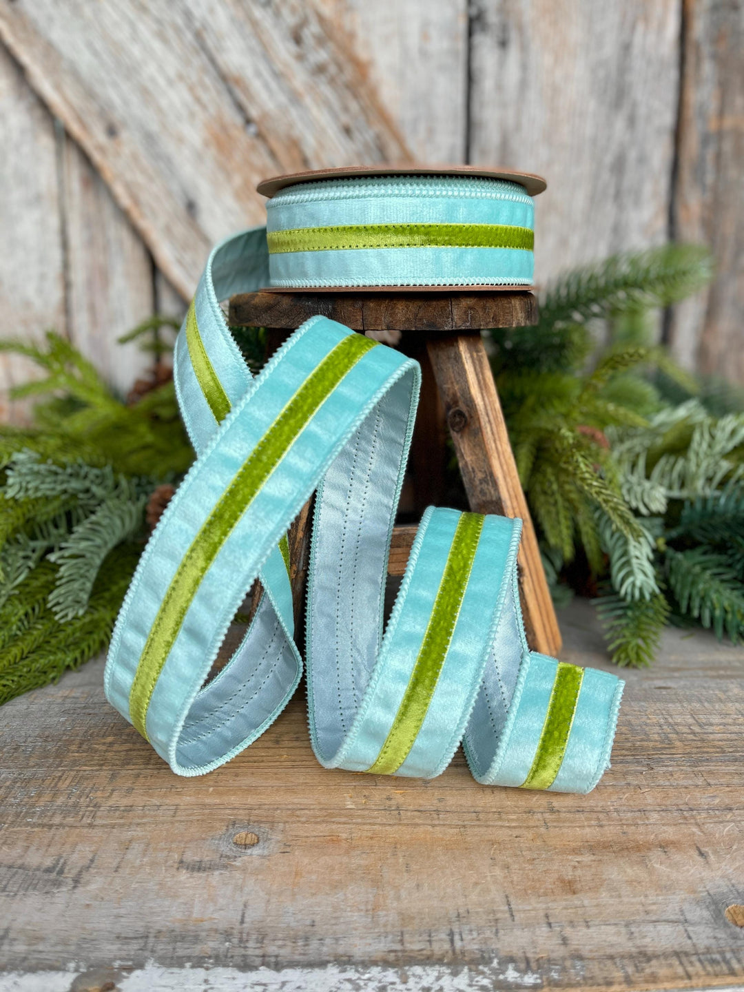 1.5” Blue Velvet Wired Ribbon with Green Trim – Designer Spring Ribbon