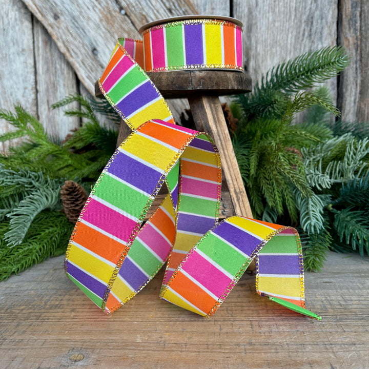 1.5” Bright Stripe Wired Ribbon with Gold Edge – Designer Ribbon for Wreaths