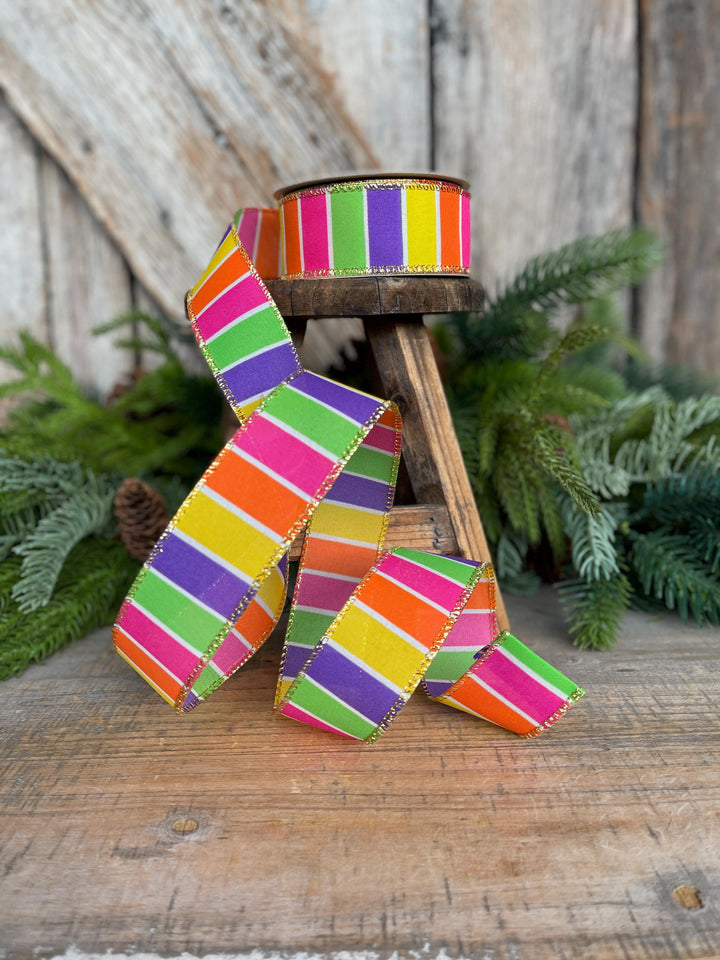 1.5” Bright Stripe Wired Ribbon with Gold Edge – Designer Ribbon for Wreaths