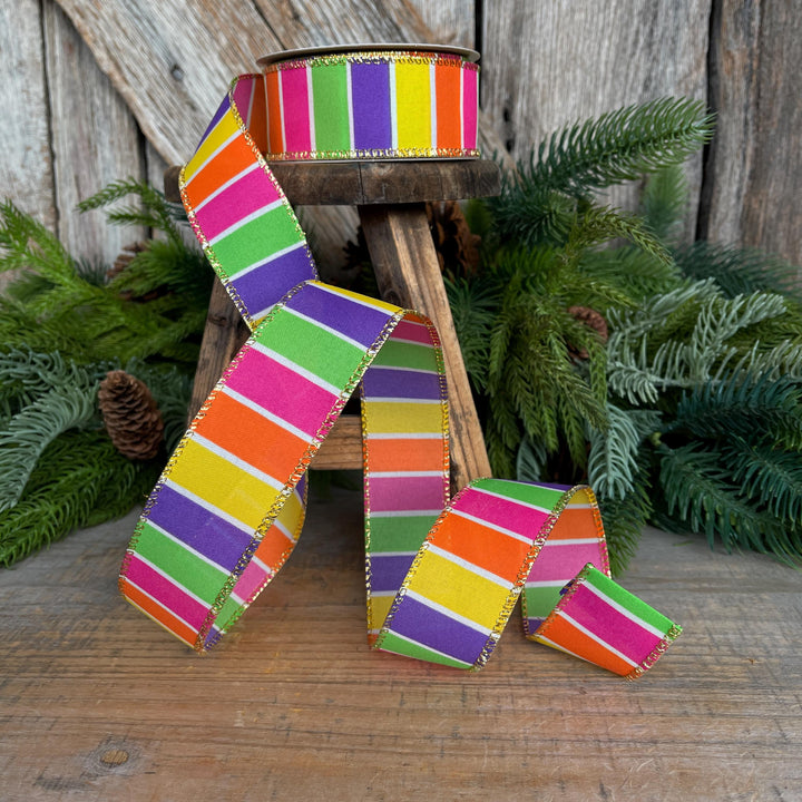 1.5” Bright Stripe Wired Ribbon with Gold Edge – Designer Ribbon for Wreaths