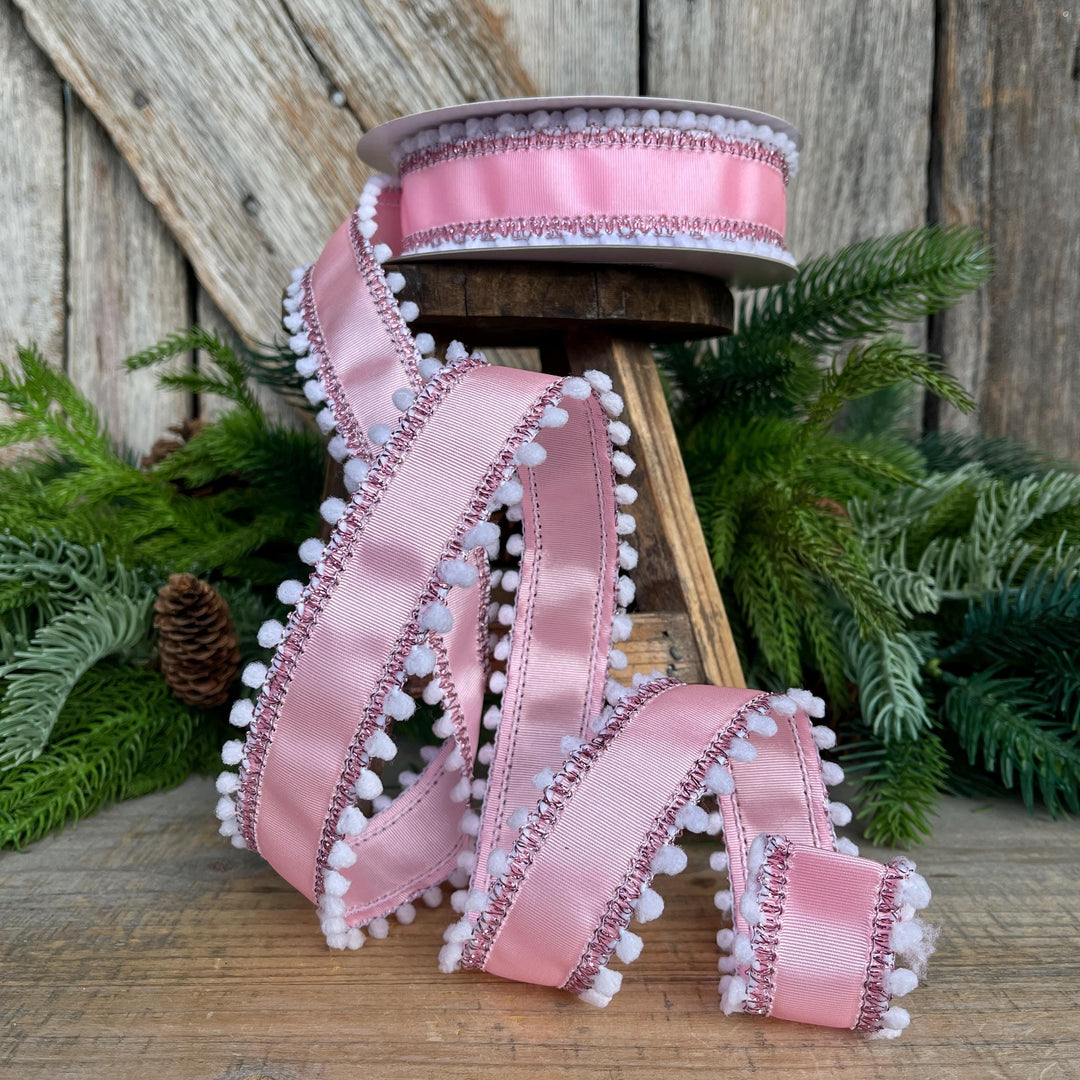 1.5” Pink Ribbed Satin Wired Ribbon with White Snowball Edge – Designer Ribbon