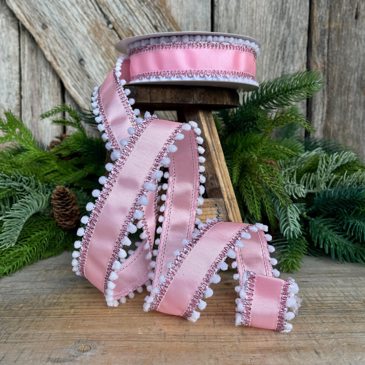 1.5” Pink Ribbed Satin Wired Ribbon with White Snowball Edge – Designer Ribbon