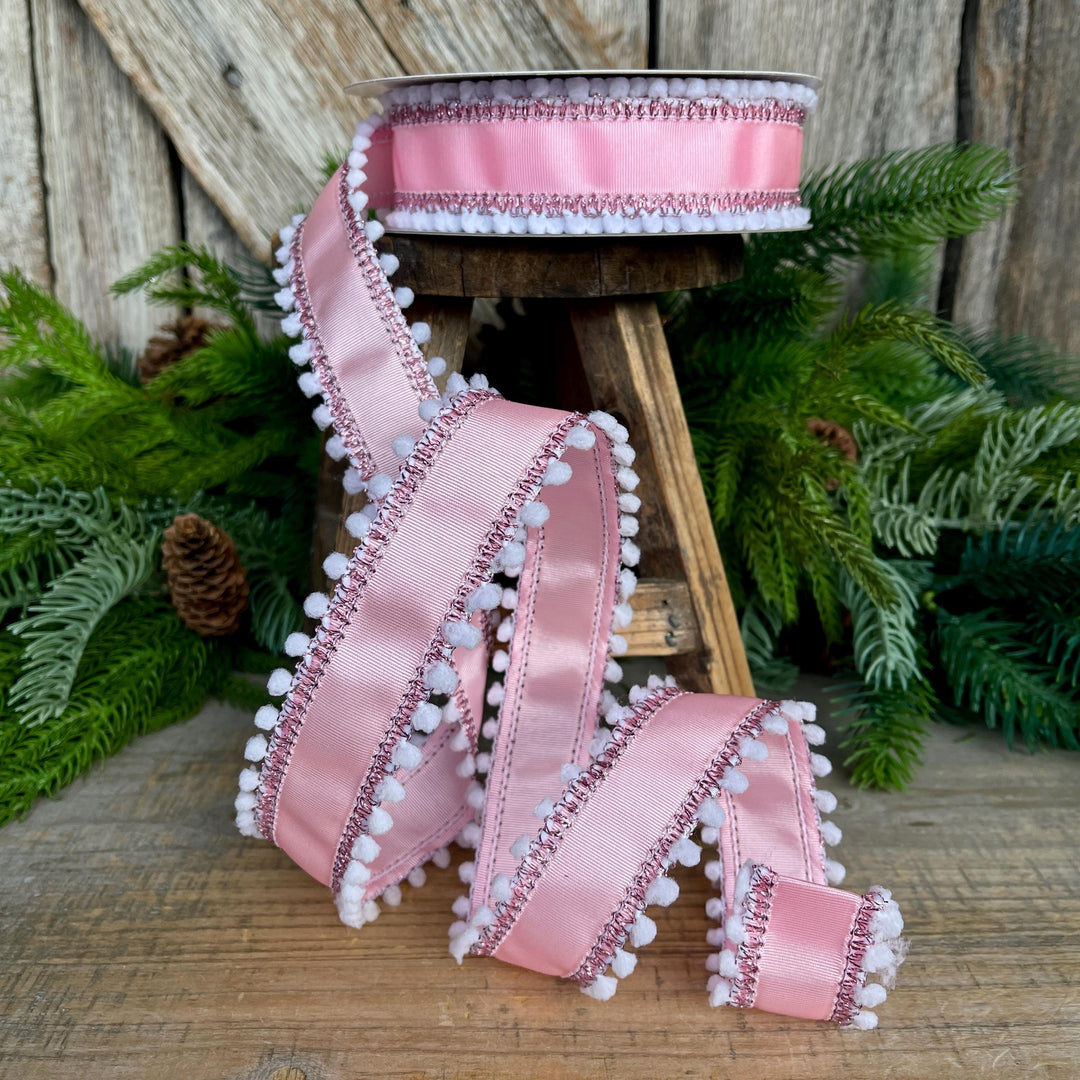 1.5” Pink Ribbed Satin Wired Ribbon with White Snowball Edge – Designer Ribbon