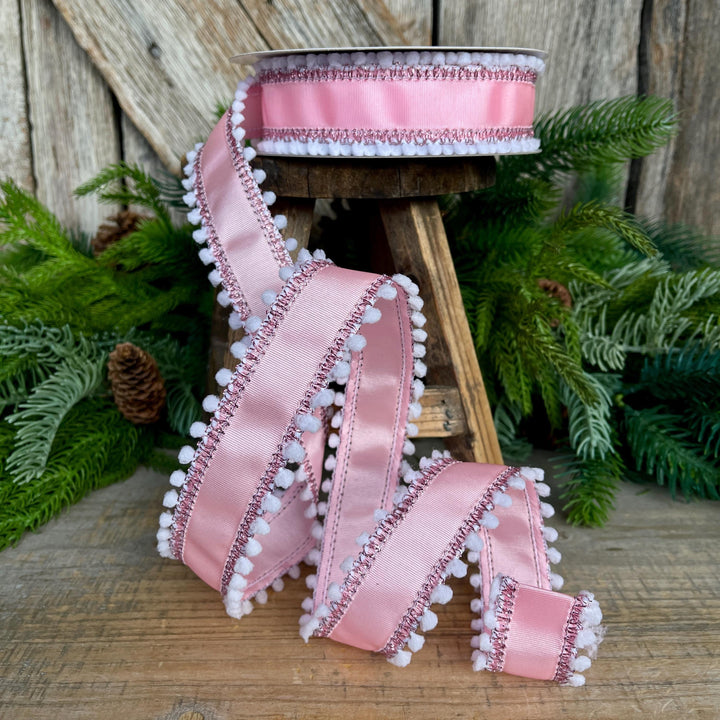 1.5” Pink Ribbed Satin Wired Ribbon with White Snowball Edge – Designer Ribbon