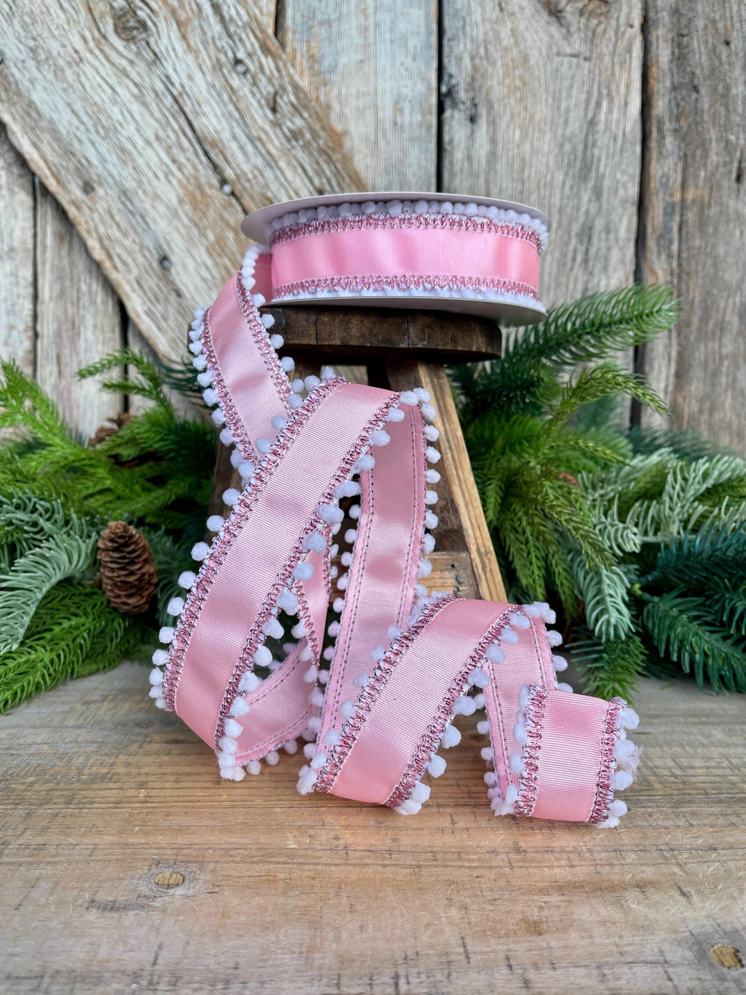 1.5” Pink Ribbed Satin Wired Ribbon with White Snowball Edge – Designer Ribbon
