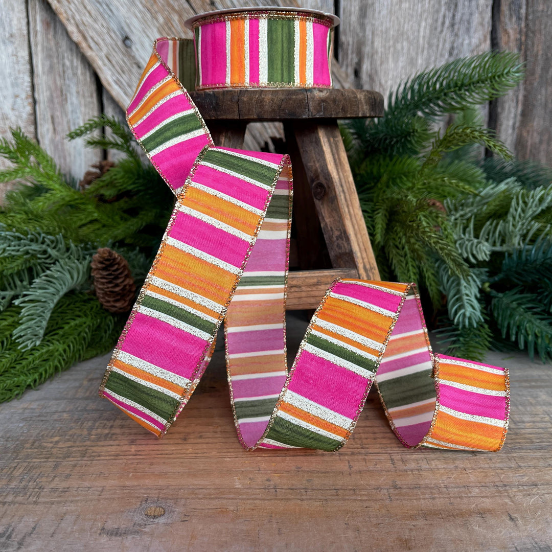 1.5” Pink Green Orange Striped Ribbon