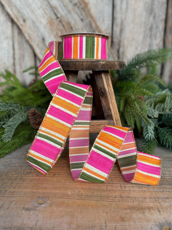1.5” Pink Green Orange Striped Ribbon