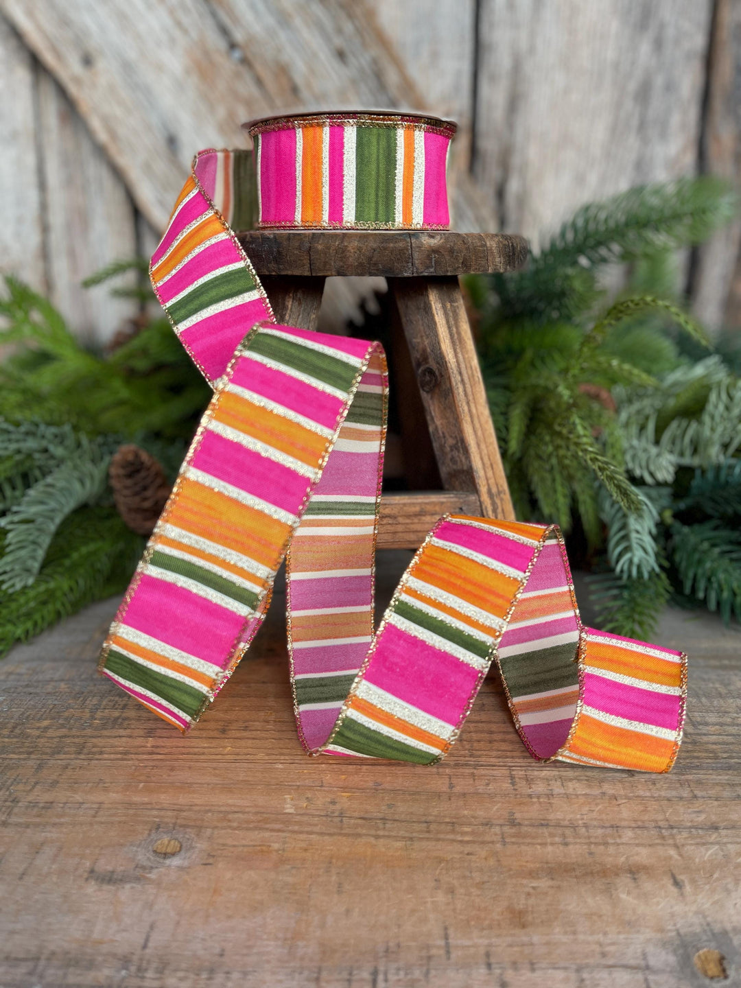 1.5” Pink Green Orange Striped Ribbon