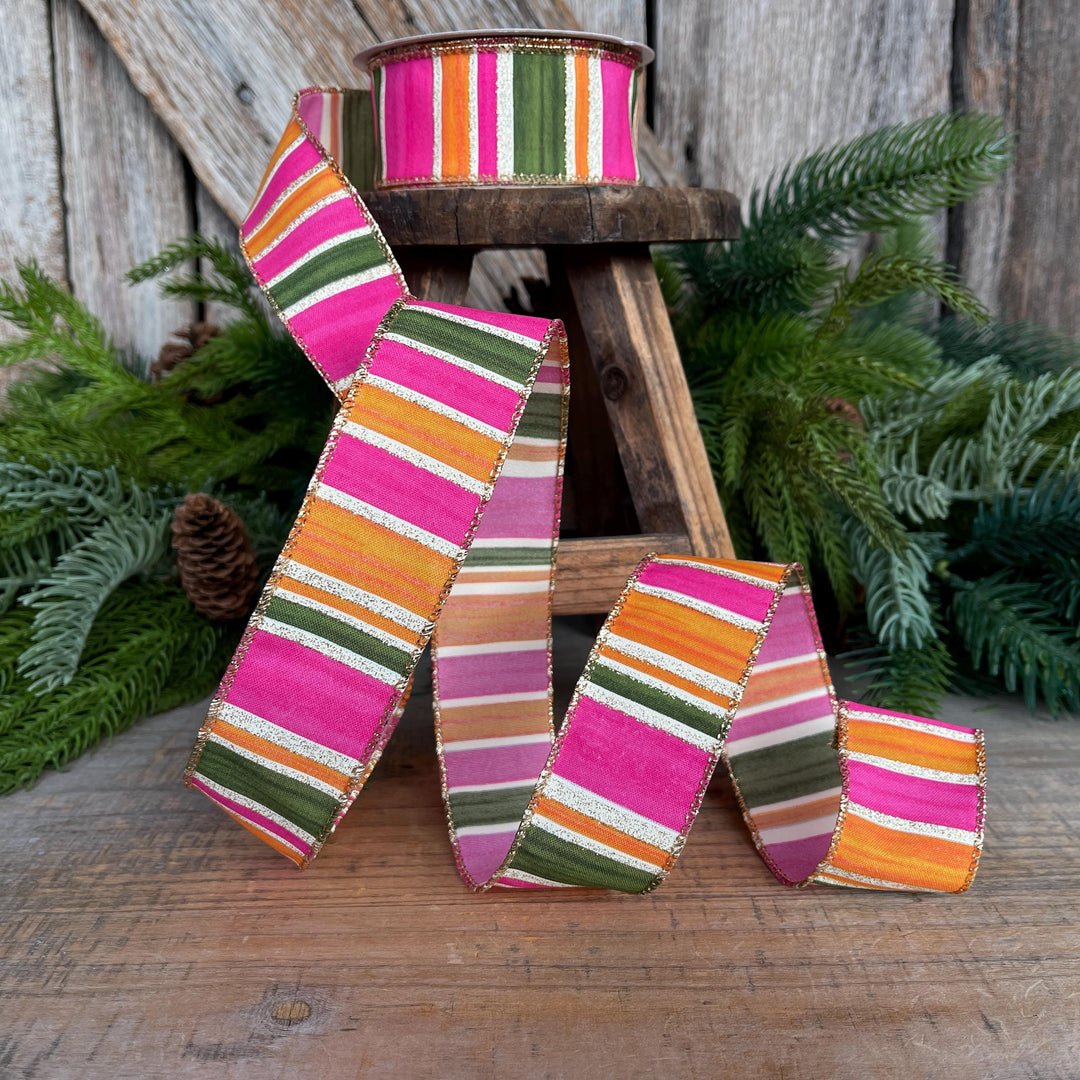 1.5” Pink Green Orange Striped Ribbon