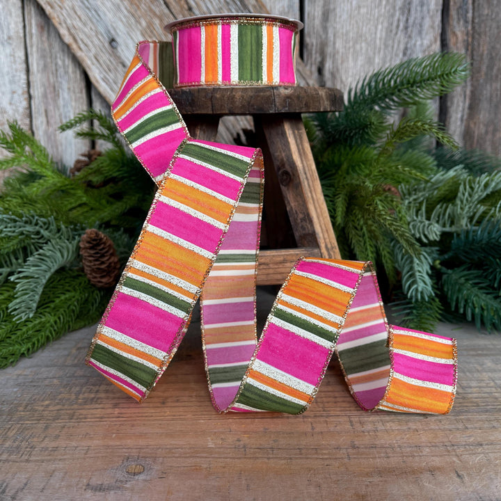 1.5” Pink Green Orange Striped Ribbon