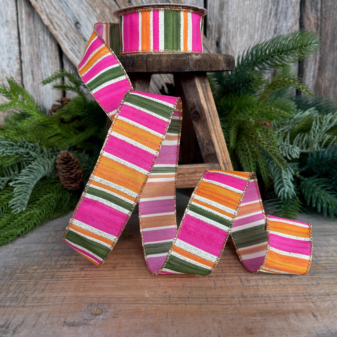 1.5” Pink Green Orange Striped Ribbon