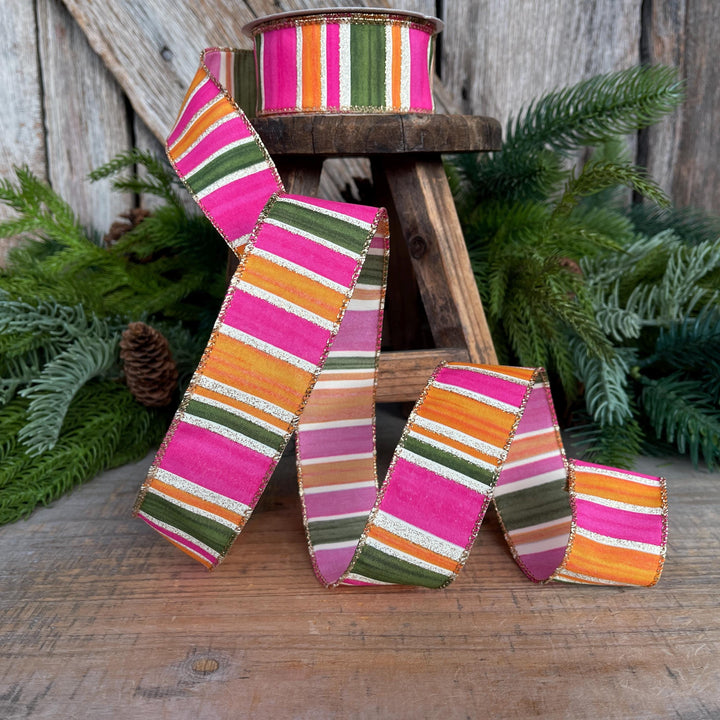 1.5” Pink Green Orange Striped Ribbon