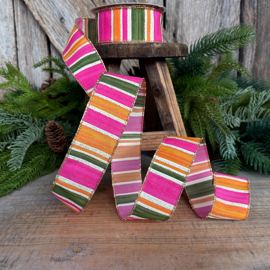 1.5” Pink Green Orange Striped Ribbon