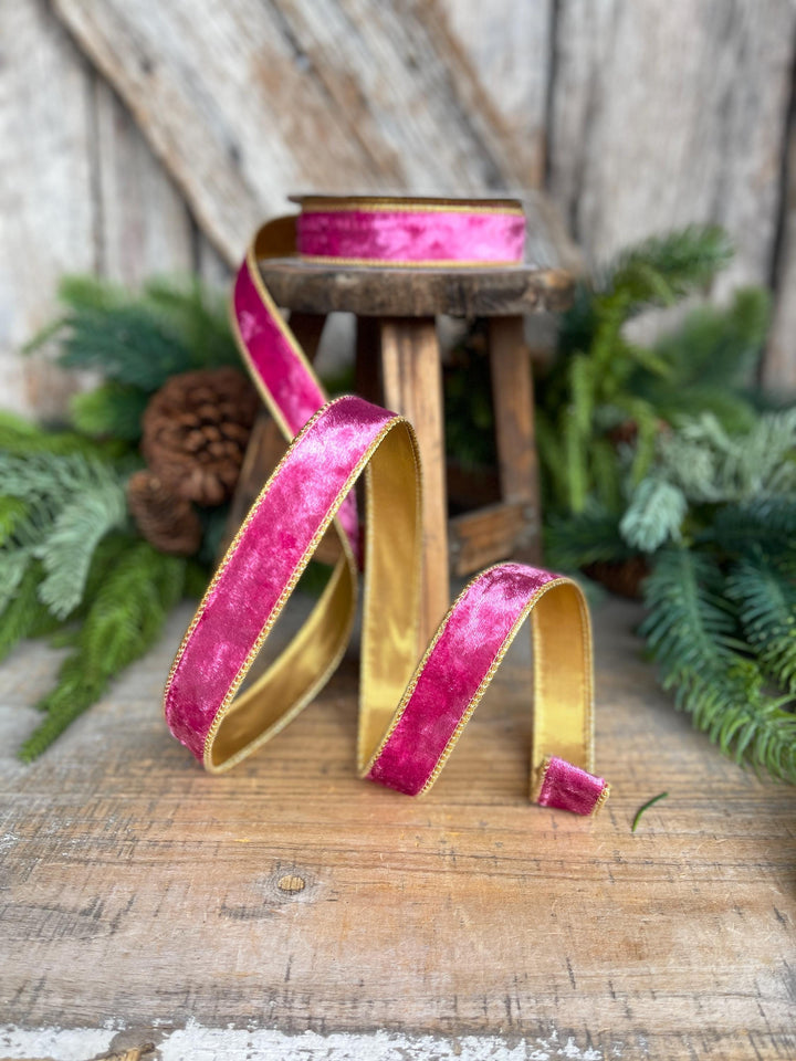 1" Fuchsia Pink Velvet Wired Ribbon with Gold Backing