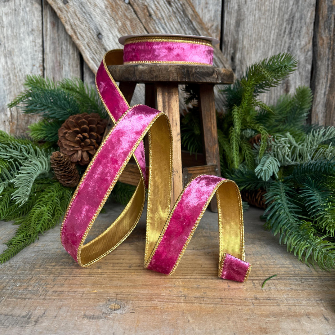 1" Fuchsia Pink Velvet Wired Ribbon with Gold Backing