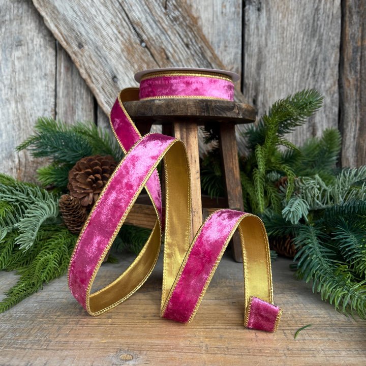 1" Fuchsia Pink Velvet Wired Ribbon with Gold Backing
