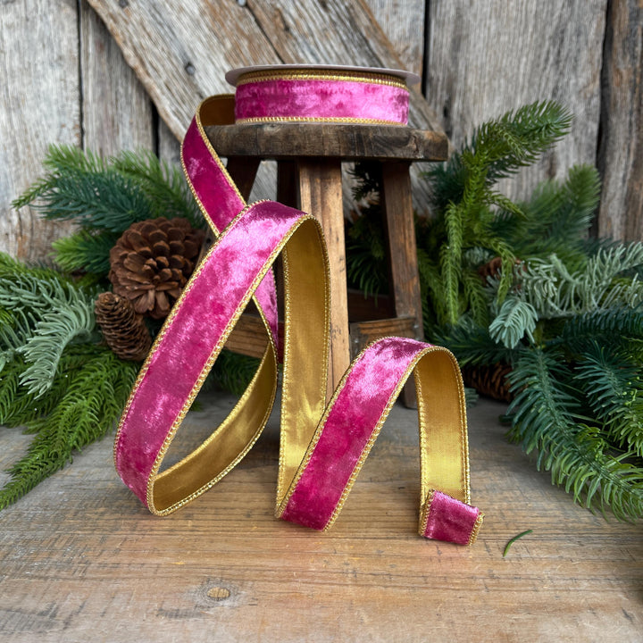 1" Fuchsia Pink Velvet Wired Ribbon with Gold Backing