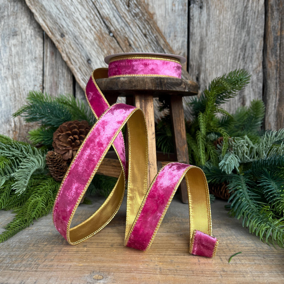 1" Fuchsia Pink Velvet Wired Ribbon with Gold Backing
