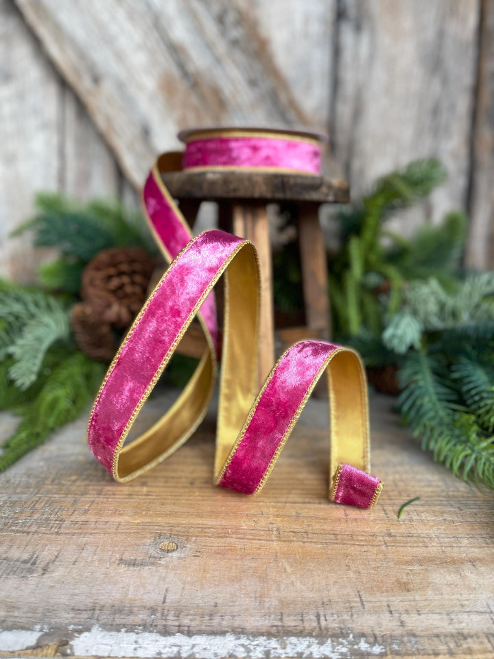 1" Fuchsia Pink Velvet Wired Ribbon with Gold Backing