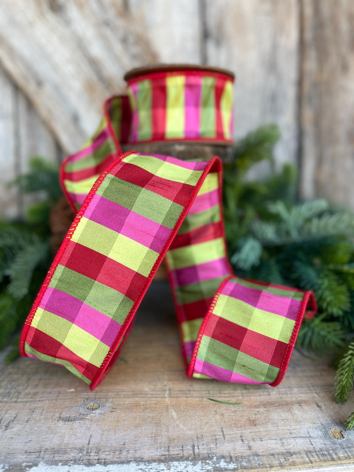 2.5" Fuchsia, Lime Red Plaid Wired Ribbon, Designer Christmas Ribbon for Wreaths, Trees &amp; Bows