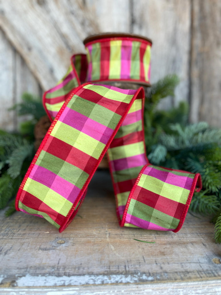 2.5" Fuchsia, Lime Red Plaid Wired Ribbon, Designer Christmas Ribbon for Wreaths, Trees &amp; Bows
