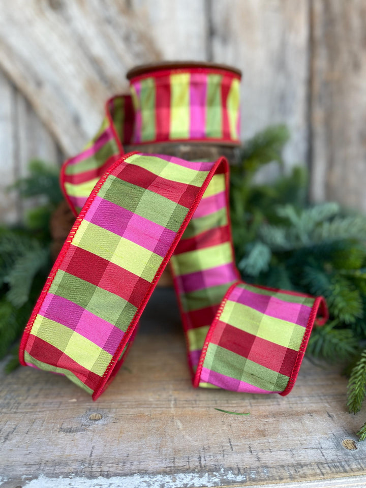 2.5" Fuchsia, Lime Red Plaid Wired Ribbon, Designer Christmas Ribbon for Wreaths, Trees &amp; Bows