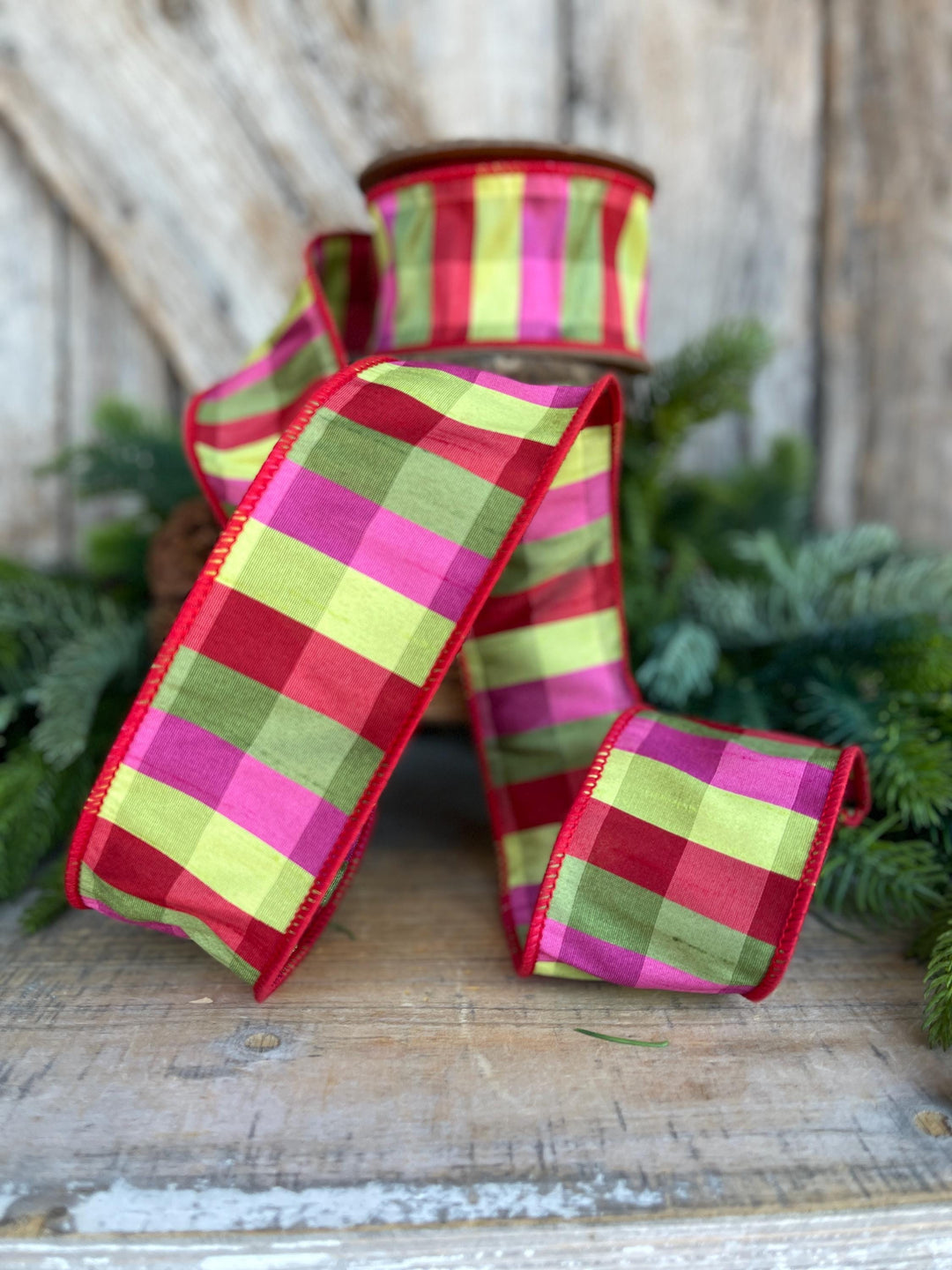 2.5" Fuchsia, Lime Red Plaid Wired Ribbon, Designer Christmas Ribbon for Wreaths, Trees &amp; Bows